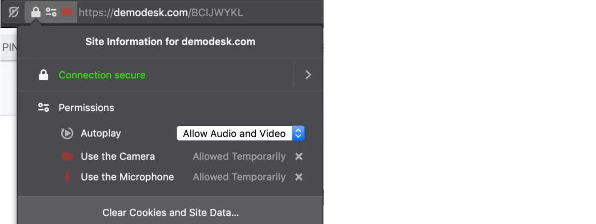 Firefox site permissions popup with autoplay, camera, and microphone allowed for Demodesk
