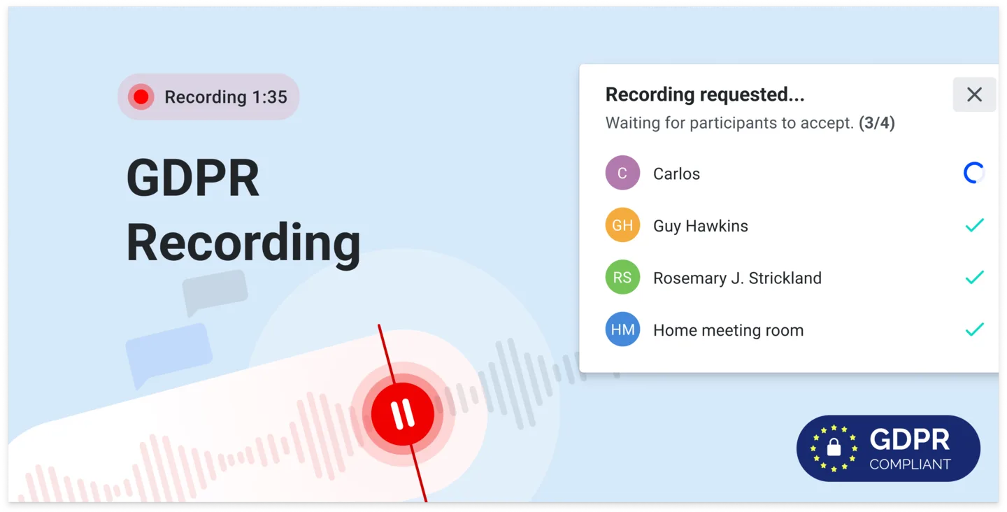 Illustration of a GDPR-compliant recording with a card showing participants accepting consent