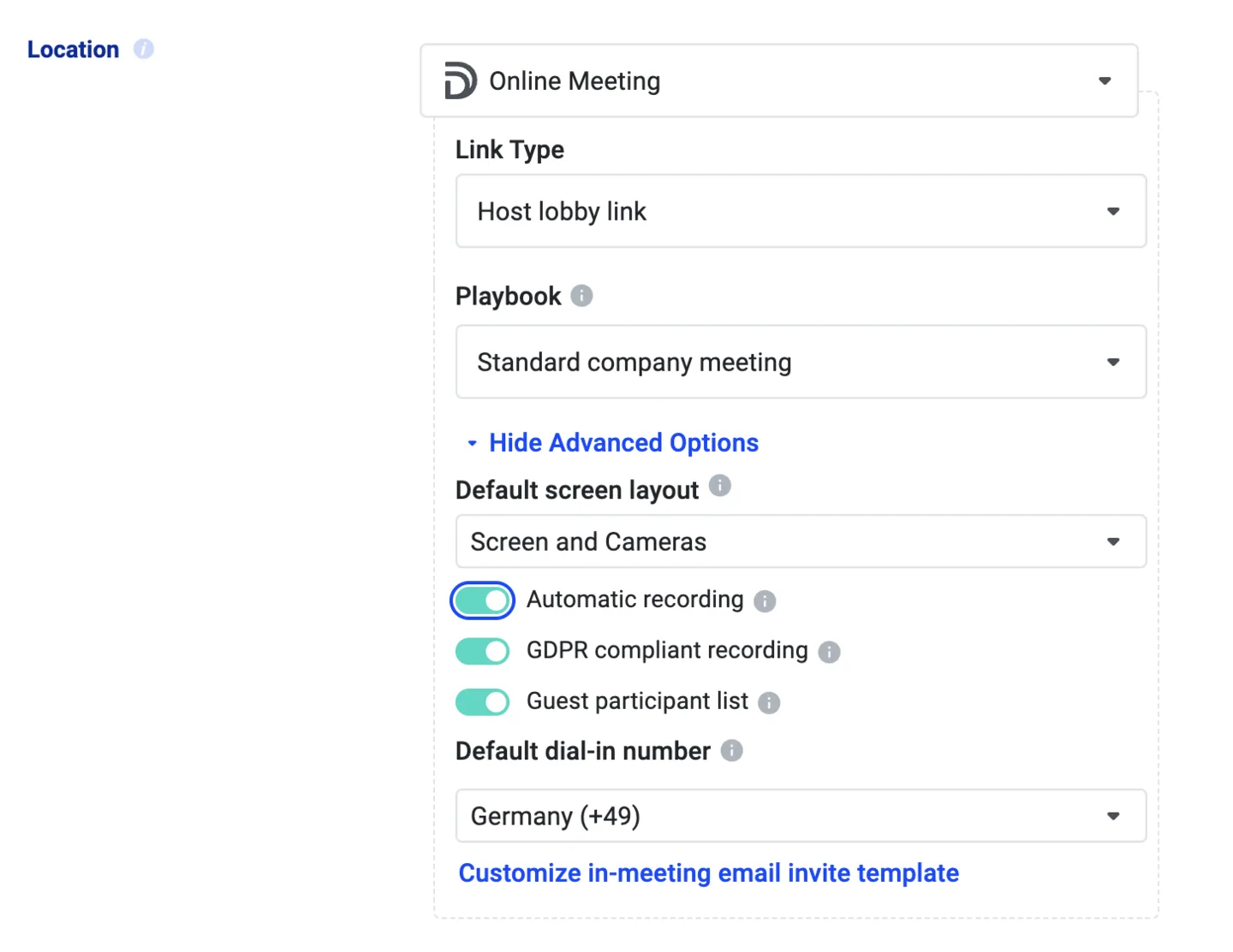Meeting Type location settings with the GDPR compliant recording toggle switched on