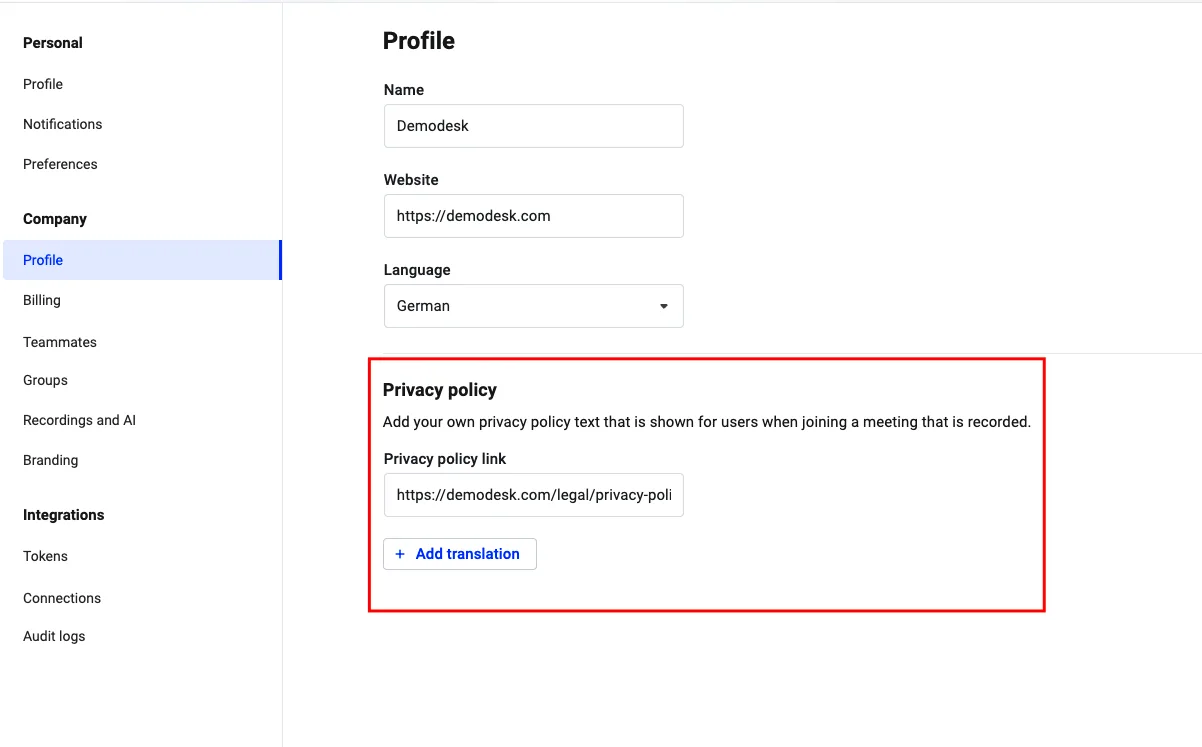 Company Profile settings with the Privacy policy link field highlighted