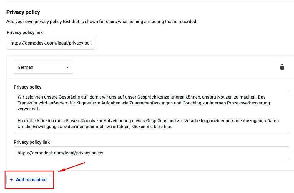 Privacy policy settings with a German translation added and the Add translation button highlighted