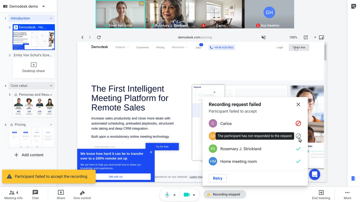 Recording request failed popup listing participants who accepted or declined, with a Retry button