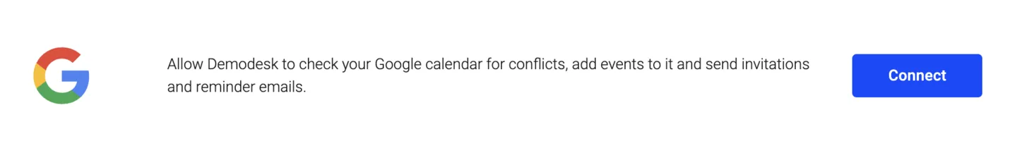 Google account connection prompt with a Connect button in Demodesk integration settings