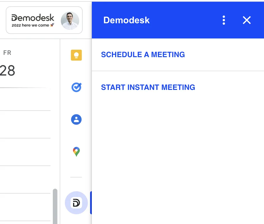 Demodesk Google Workspace add-on panel in Calendar with Schedule a meeting and Start instant meeting options