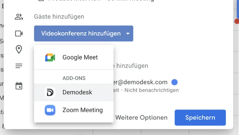 Video conferencing dropdown in a calendar event showing Demodesk listed as an add-on next to Google Meet and Zoom