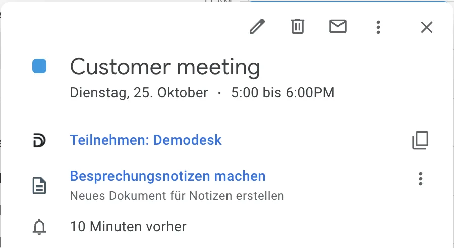 Calendar event details with a Demodesk join link, meeting notes option, and a 10-minute reminder