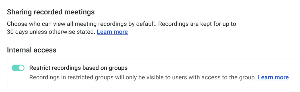 Recordings and AI settings with the Restrict recordings based on groups toggle turned on