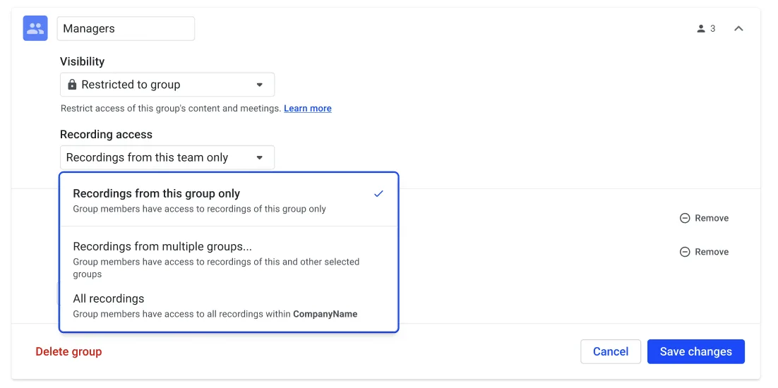 Managers group settings with the Recording access dropdown open showing three visibility options