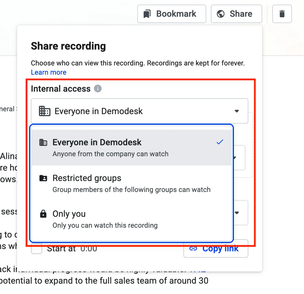 Share recording panel with the Internal access dropdown open showing Everyone, Restricted groups and Only you