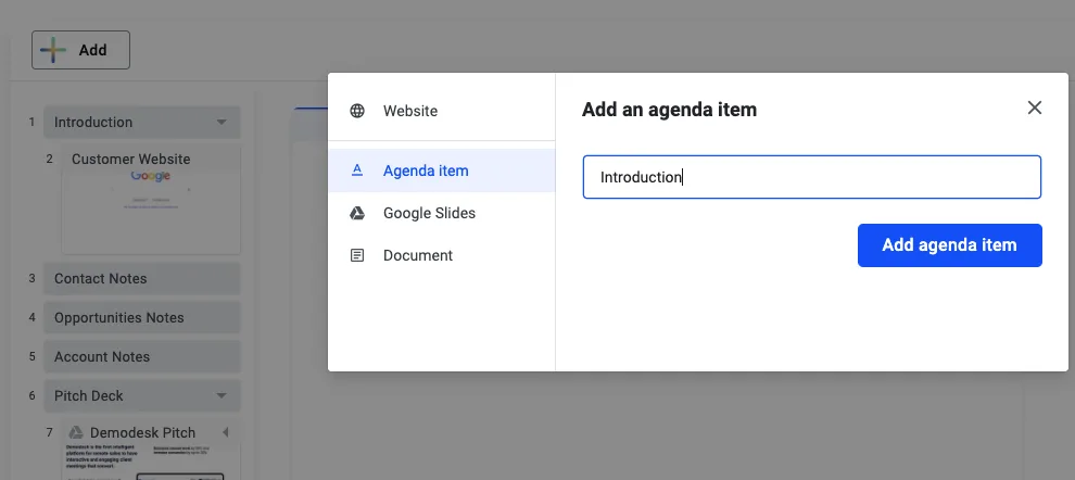 Add agenda item dialog with the item type menu on the left and the title field filled in as Introduction