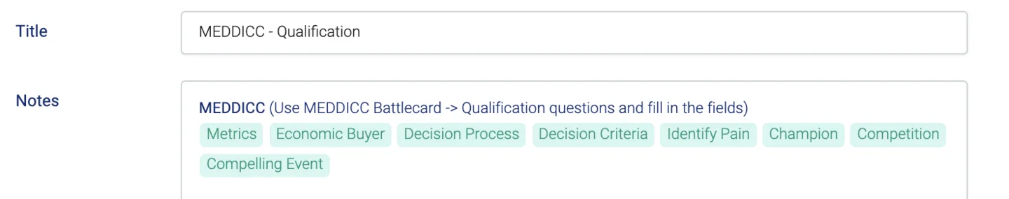 Agenda item titled MEDDICC Qualification with the MEDDICC framework elements listed as tags