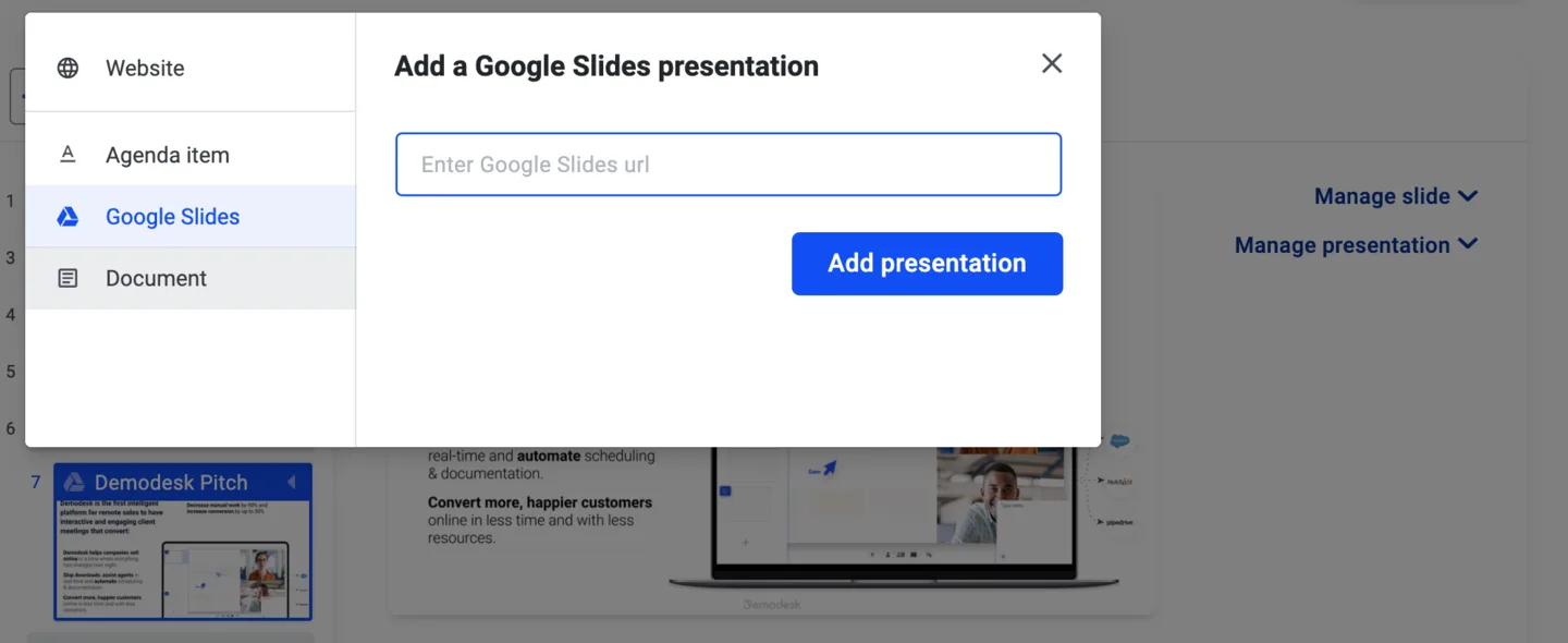 Add a Google Slides presentation dialog with an empty field for the Google Slides URL