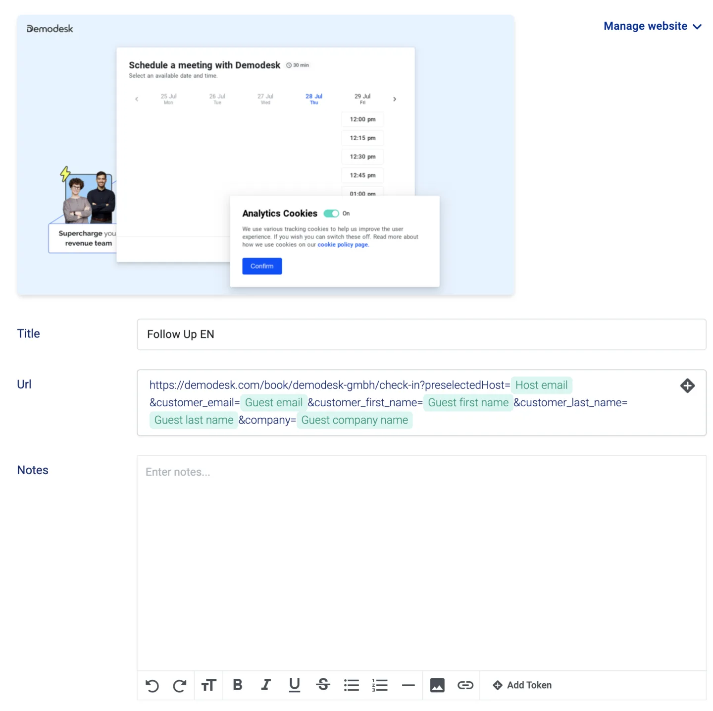 Follow-up booking page item with the scheduling widget preview and a URL field containing guest tokens