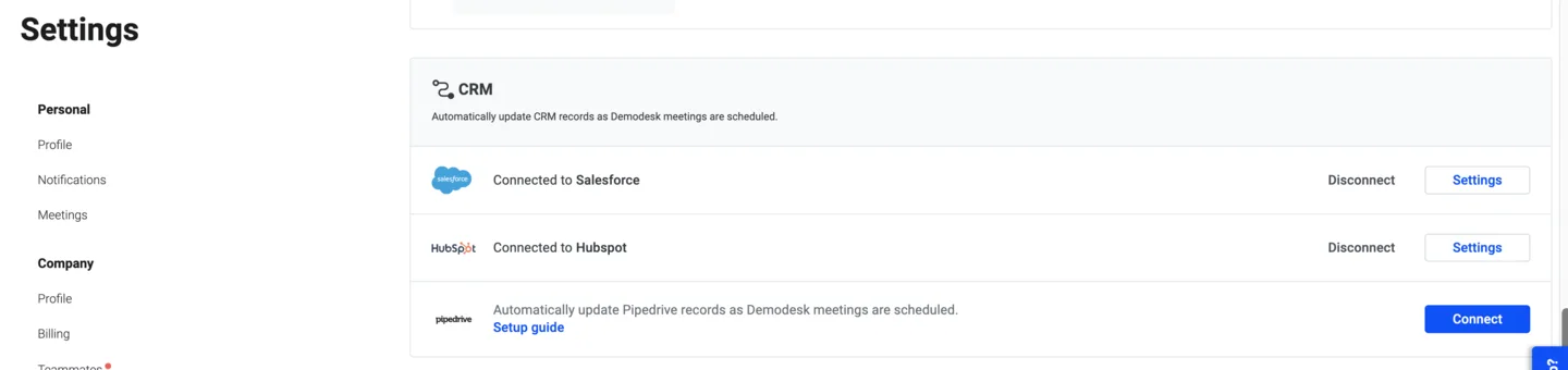 CRM settings section showing Salesforce and HubSpot connected, with Pipedrive available to connect