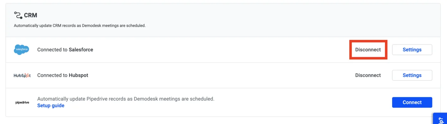 CRM settings panel with the Disconnect button for Salesforce highlighted