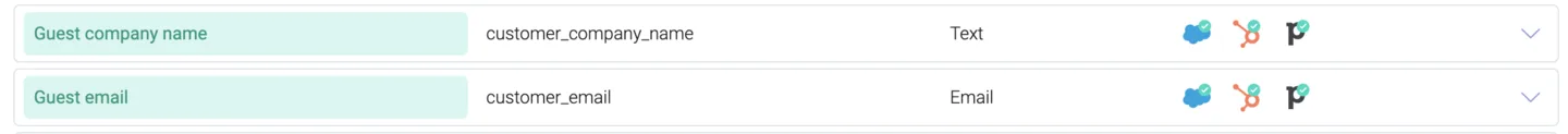 Token list showing Guest company name and Guest email tokens each linked to multiple CRM integrations
