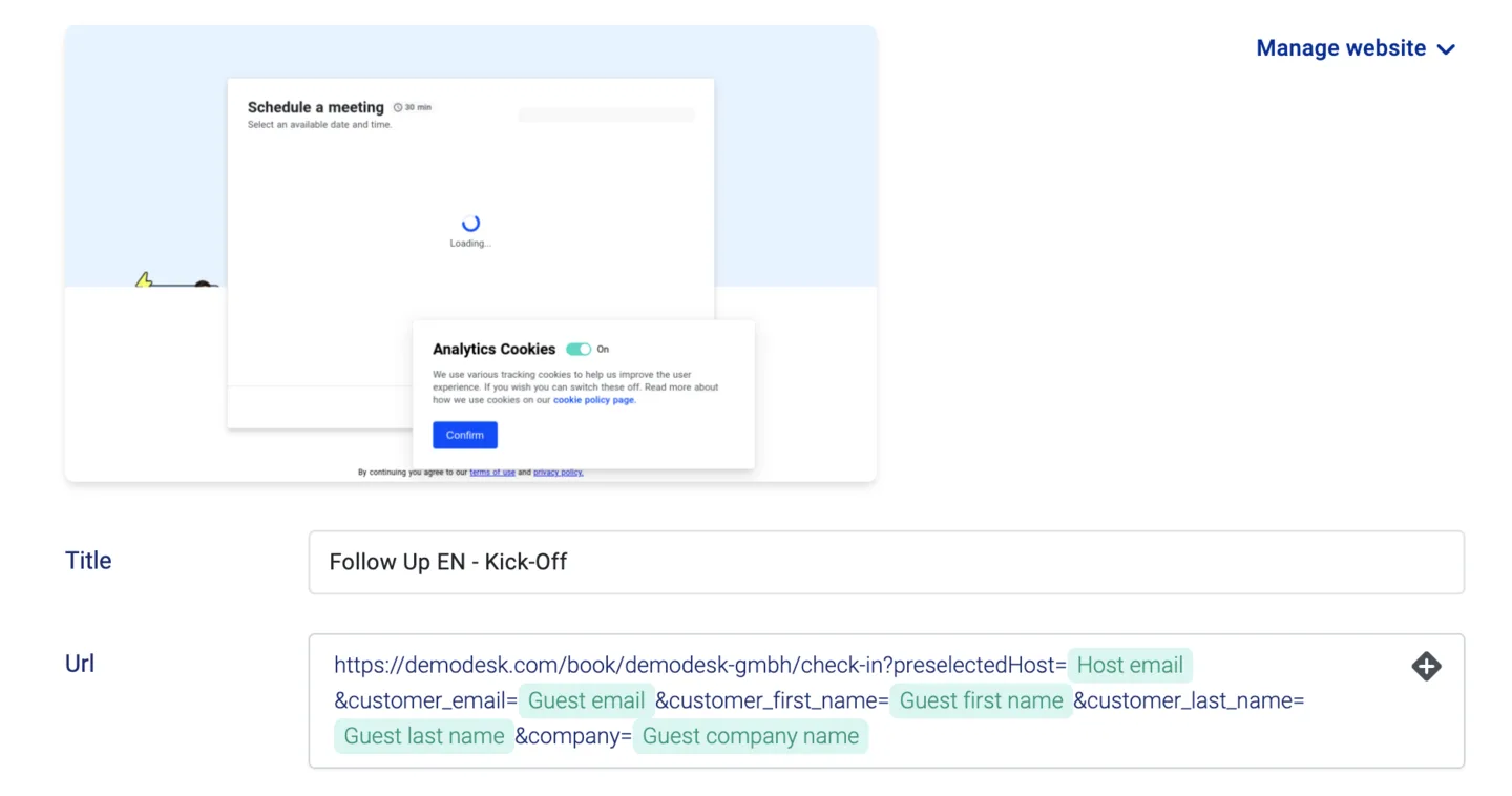 Booking page URL with prefilled token parameters for host email, guest email, name, and company