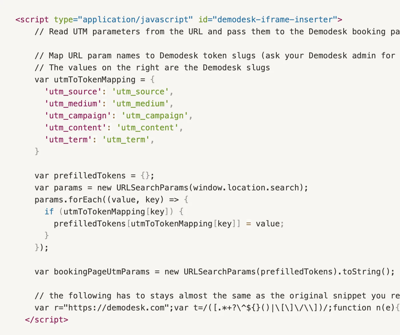Code snippet mapping UTM URL parameters to Demodesk token slugs for the booking page
