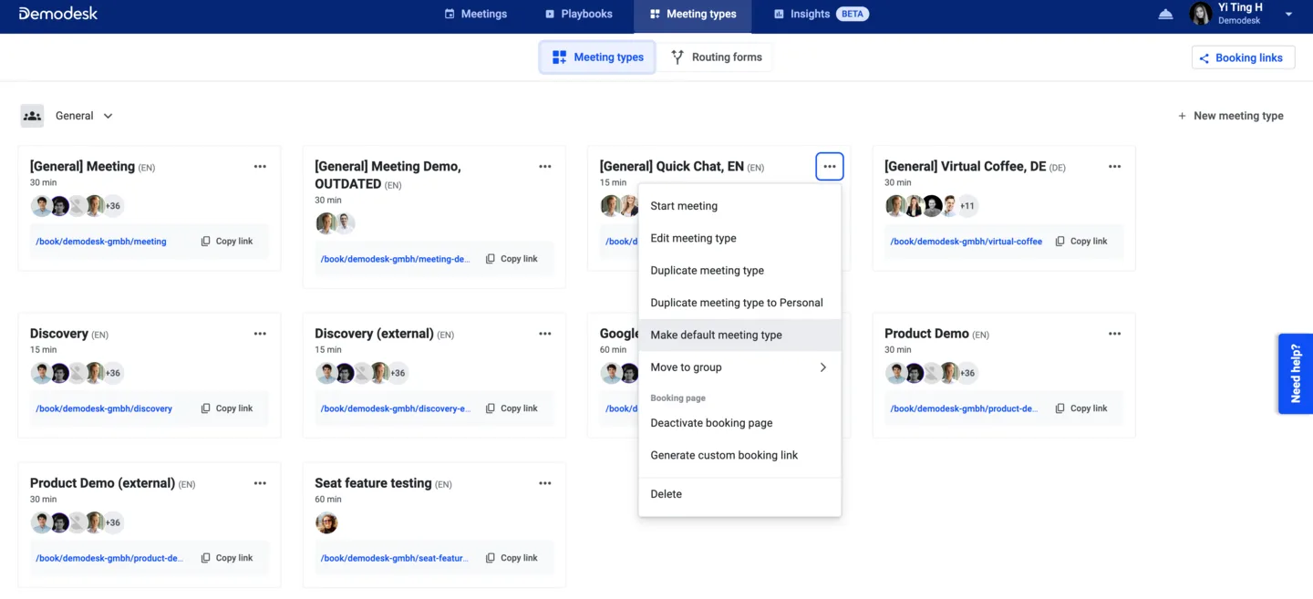 Meeting types grid with a template's dropdown menu open showing Make default meeting type