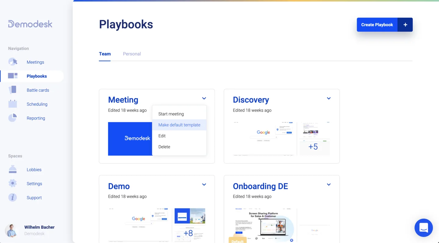 Playbooks-Übersicht mit geöffnetem Menü und markierter Option Make default template