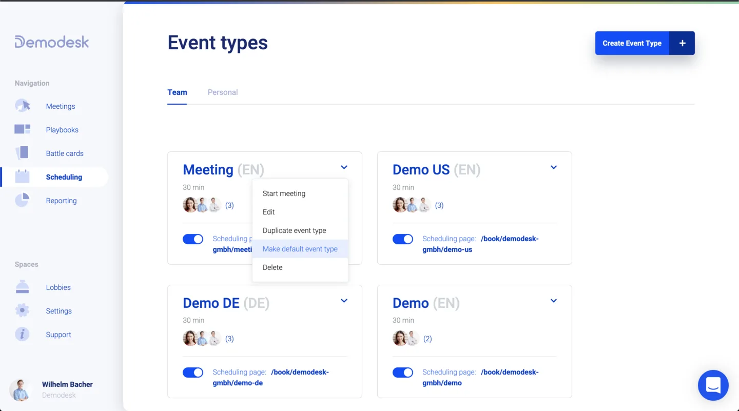 Event types-Übersicht mit geöffnetem Menü und markierter Option Make default event type