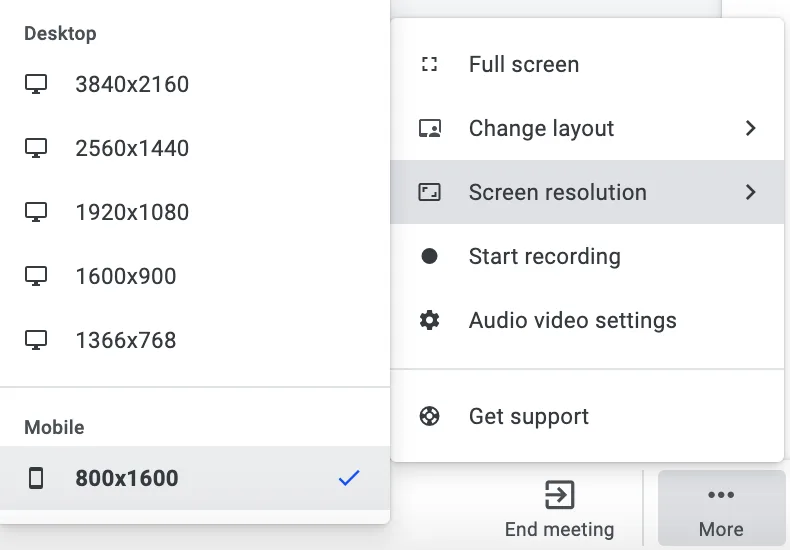 Meeting More menu with Screen resolution submenu open and the Mobile 800x1600 option selected