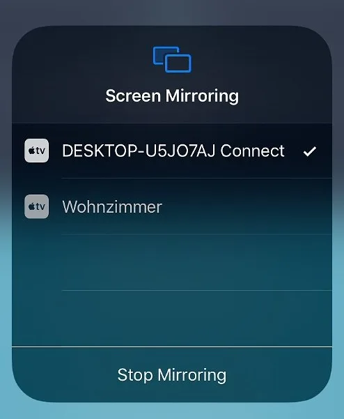 iOS Screen Mirroring picker with the Windows PC listed as a mirroring target