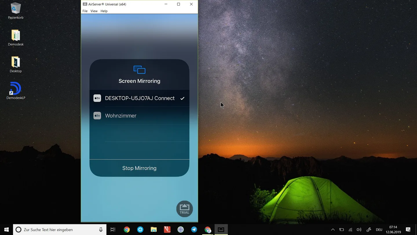 AirServer window on a Windows desktop mirroring the iPhone's screen mirroring picker