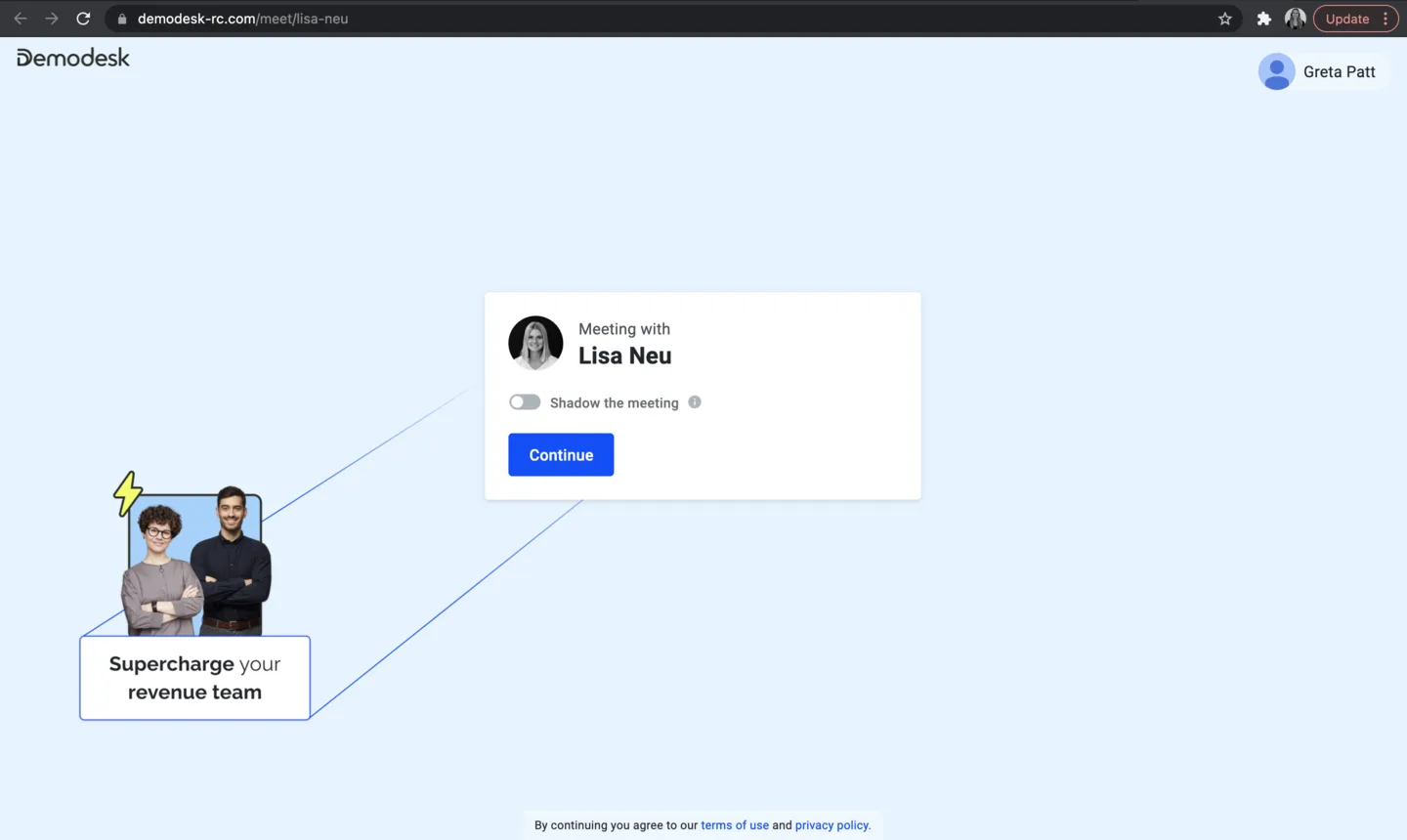Meeting lobby screen with default Demodesk branding, a blue background illustration, and a Continue button