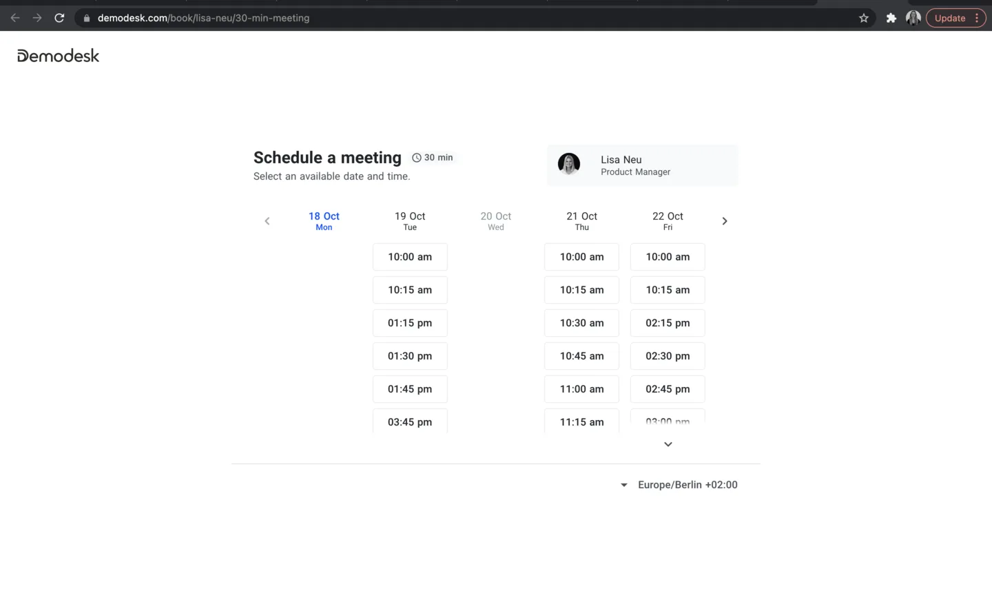 Scheduling page with a plain white background and the default Demodesk logo above the booking calendar