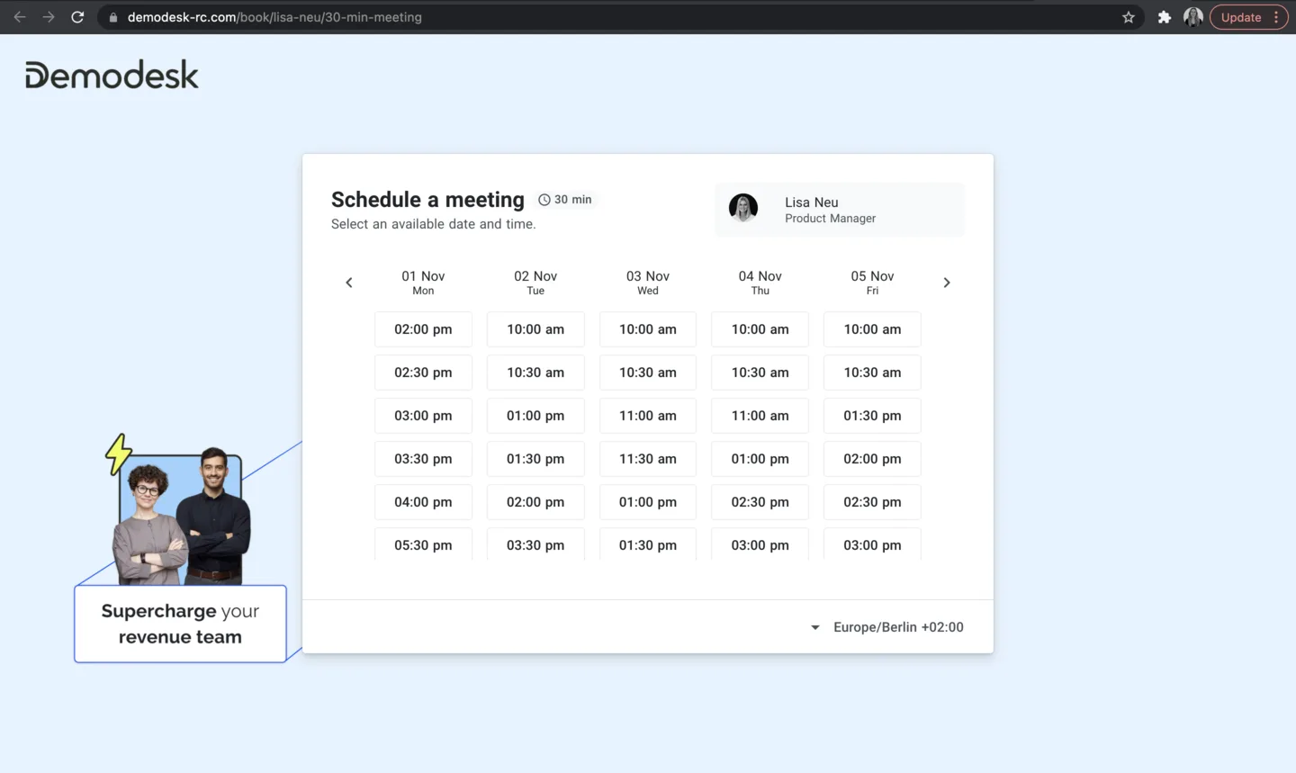 Scheduling page with a custom blue background and illustration added behind the booking calendar