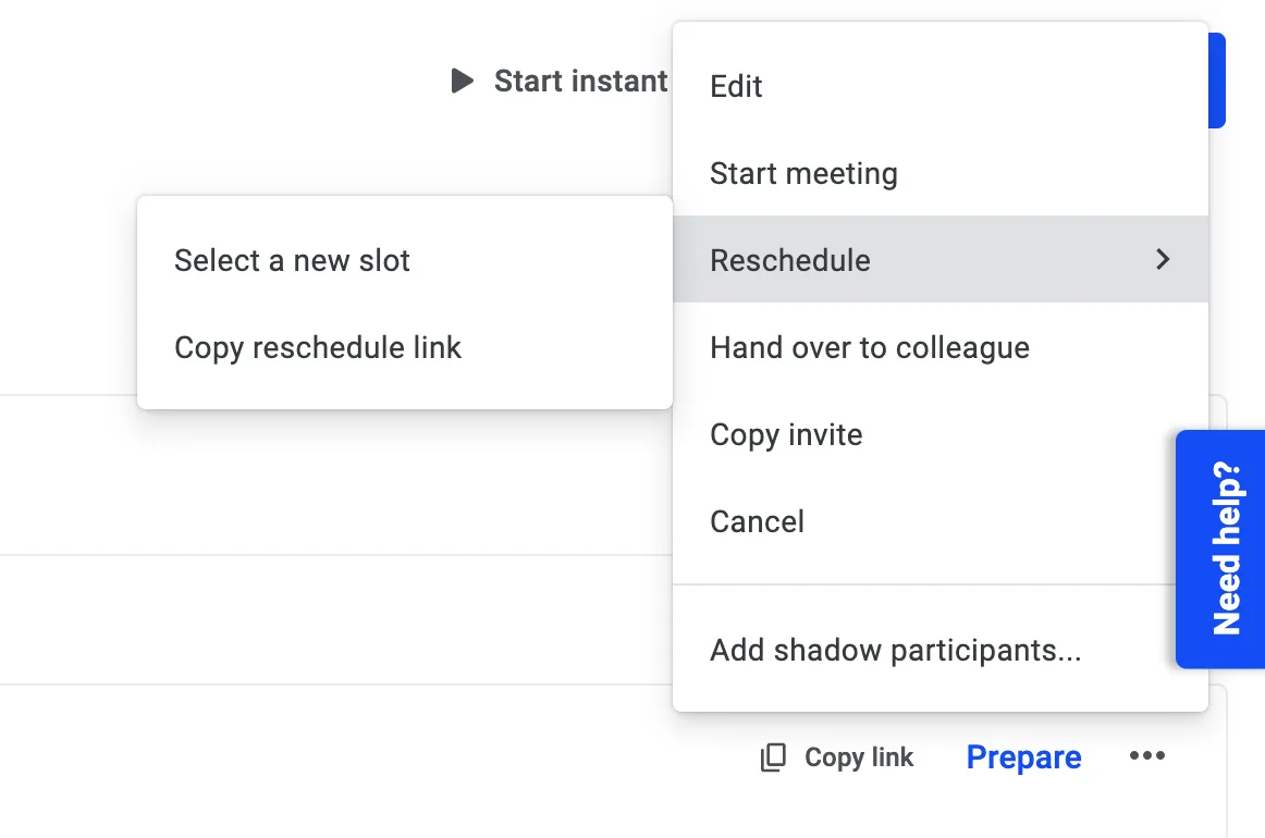 Meeting row context menu with Reschedule highlighted above the Select a new slot and Copy reschedule link options