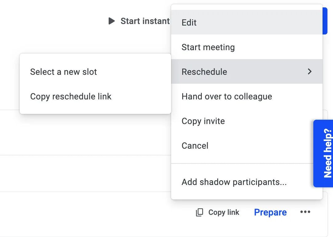 Meeting context menu with Reschedule selected, showing the Select a new slot submenu