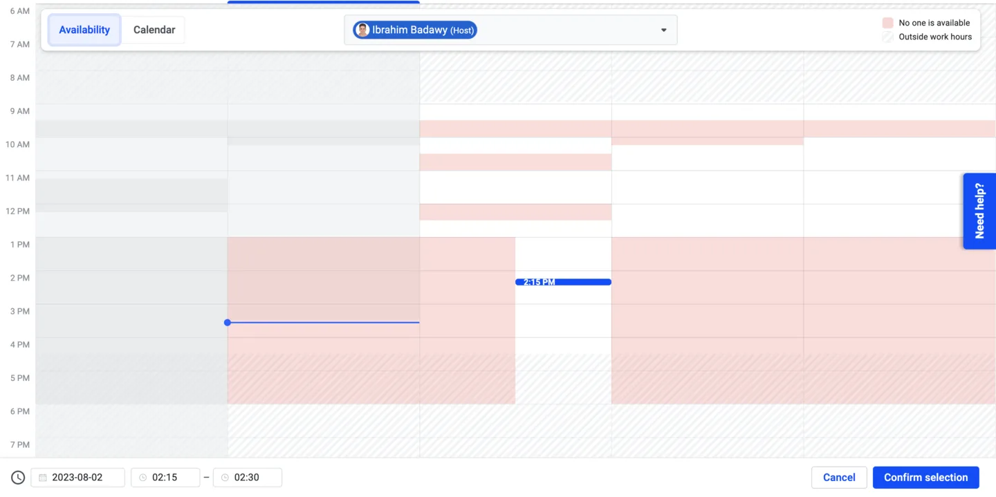 Scheduler availability view with a new time slot selected and a Confirm selection button