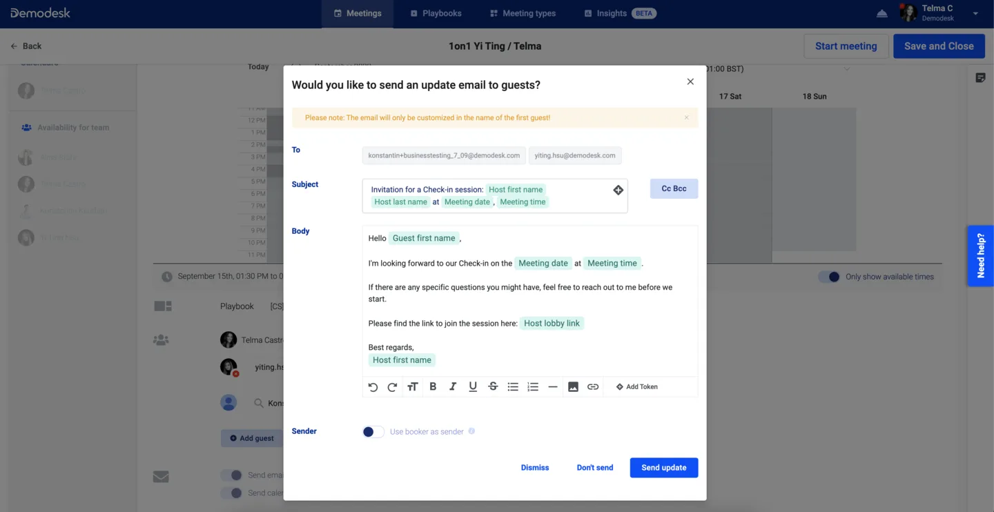 Send update email dialog with prefilled subject and body and Send update, Don't send, and Dismiss options