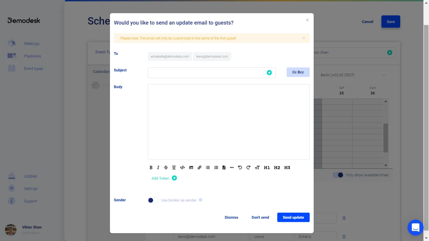 Dialog zum Versenden der Update-E-Mail mit Betreff, Nachrichtentext und der Schaltfläche Send update