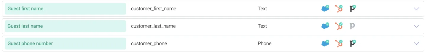 System tokens list showing guest first name, last name, and phone number rows synced to a connected CRM