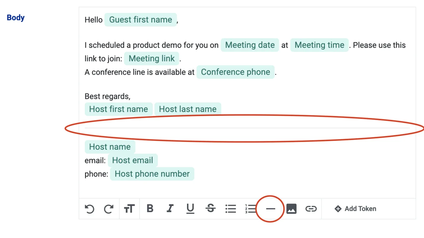 Email body editor with a horizontal divider line above the signature and the divider button circled