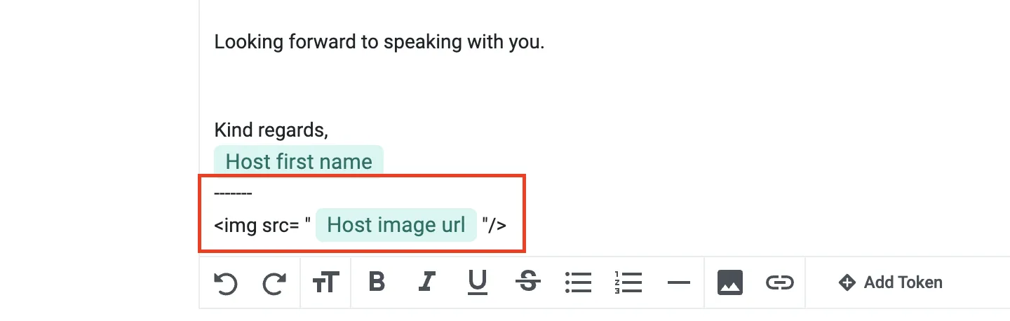 Signature editor showing the img src Host image url token syntax highlighted in red