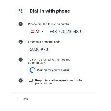 Dial-in with phone dialog showing the phone number, personal code, and waiting status