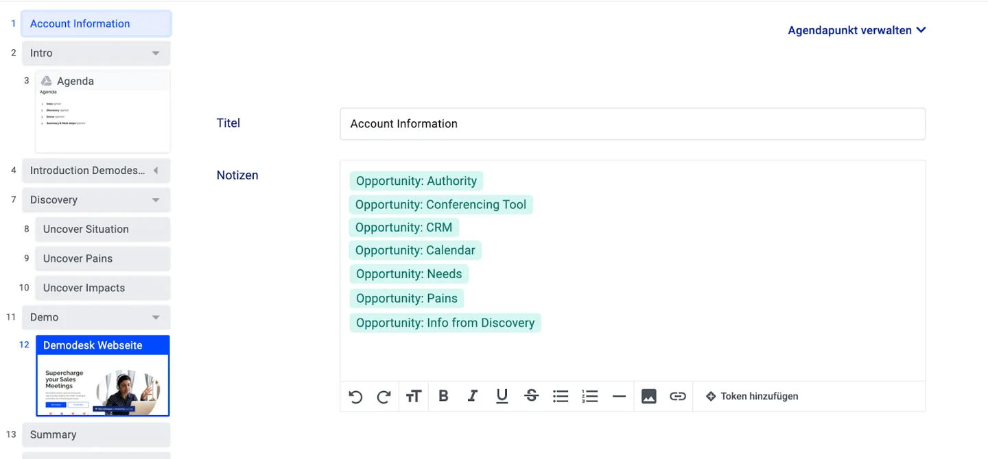 Playbook agenda step Account Information with Opportunity token pills in the notes field