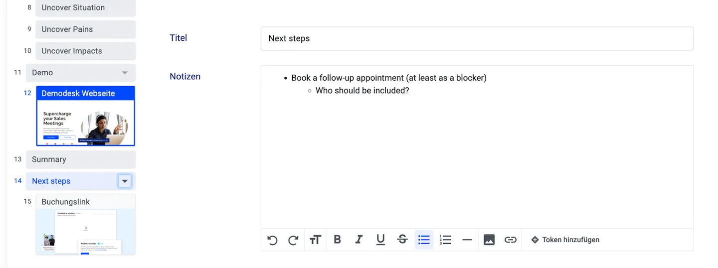 Next steps playbook step with a booking link content item added below it