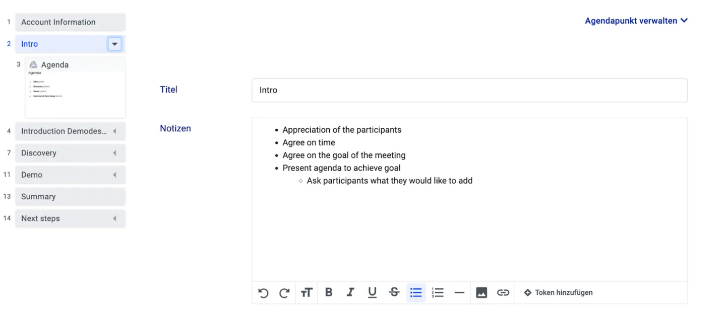 Intro playbook step notes listing Appreciate, Agree on time and agenda bullet points