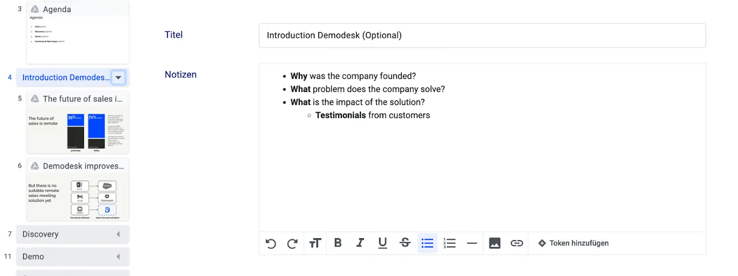Introduction Demodesk playbook step with storytelling questions about why the company was founded