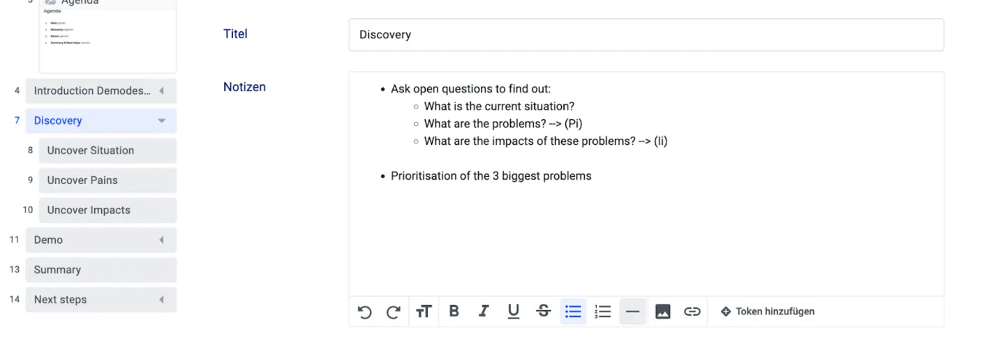 Discovery playbook step notes with open questions on situation, pains and impacts