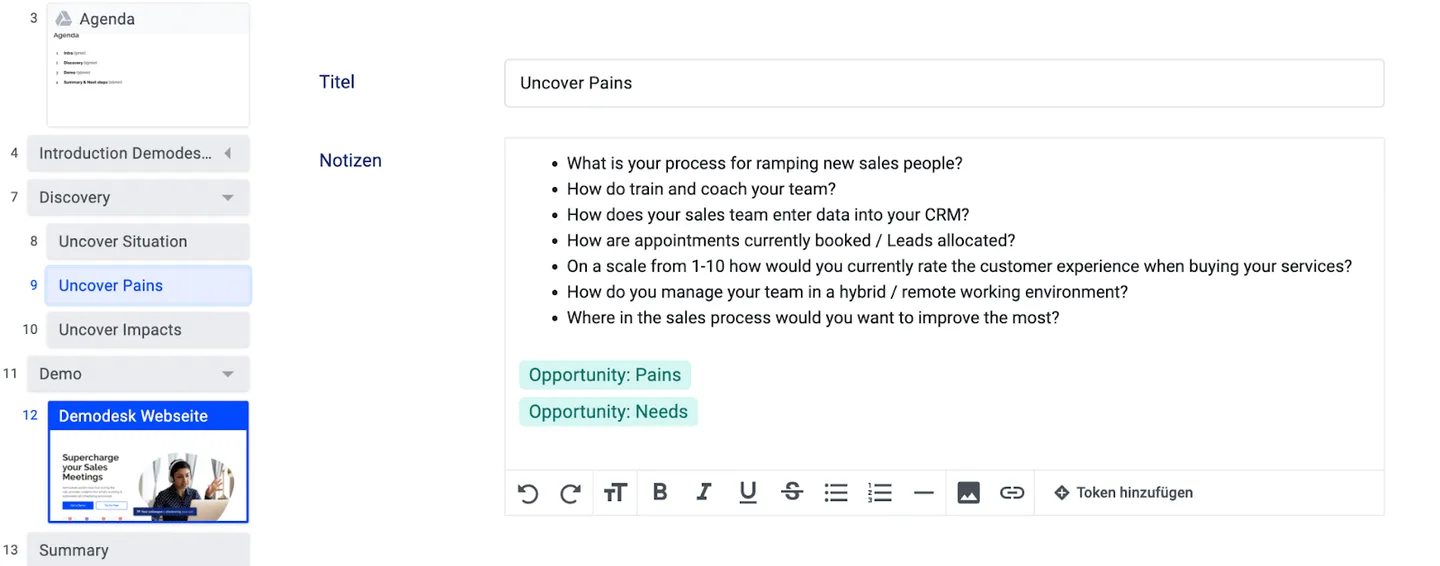 Uncover Pains playbook step with example questions and Opportunity Pains and Needs token pills