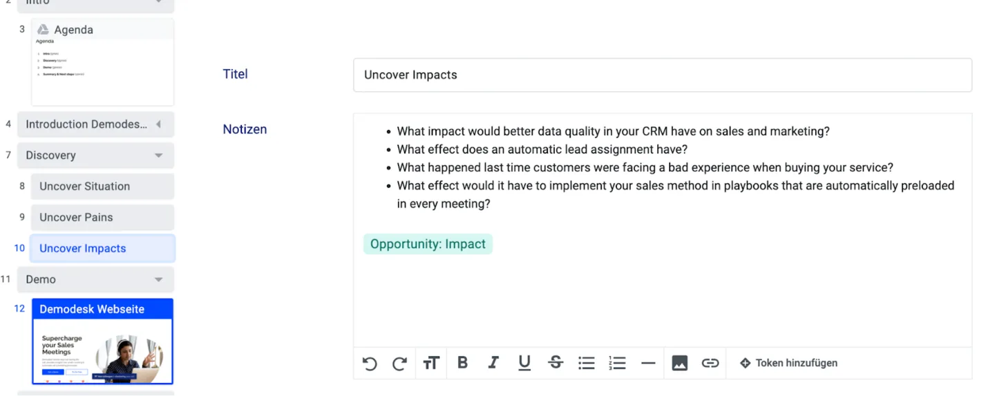 Uncover Impacts playbook step with example questions and an Opportunity Impact token pill