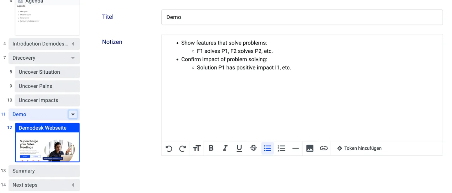 Demo playbook step notes linking product features to pains and confirming their impact
