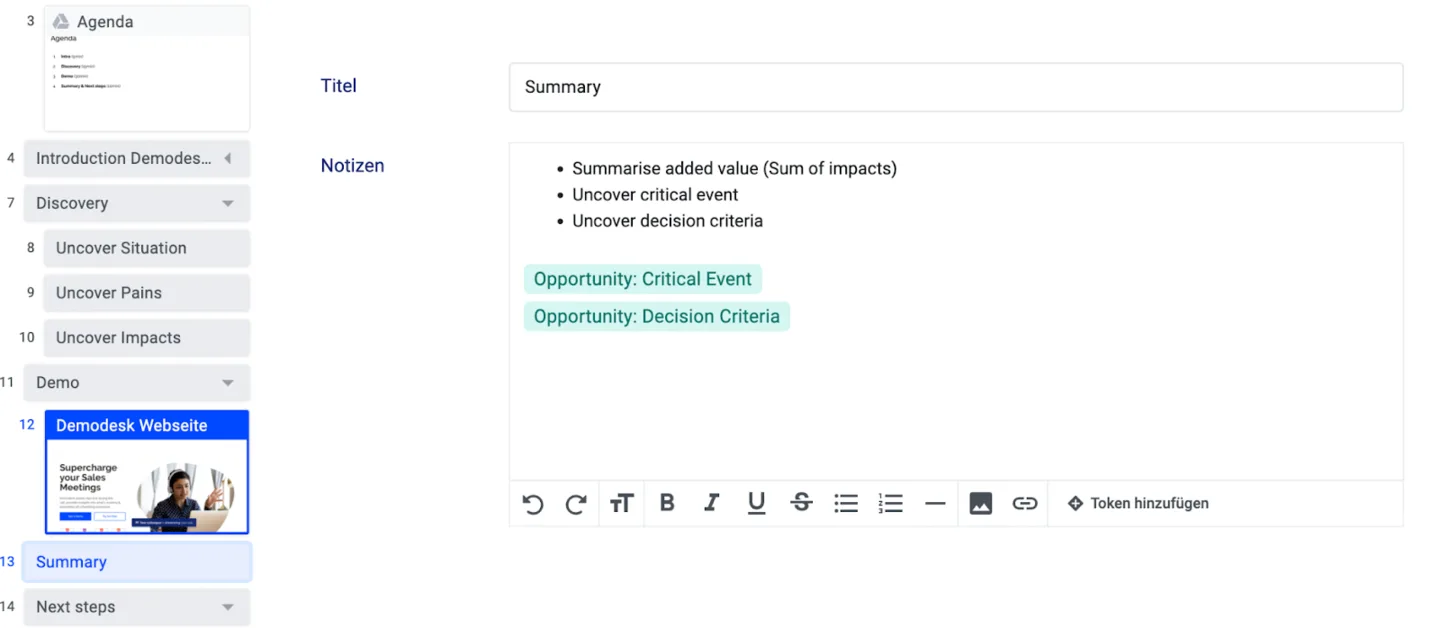Summary playbook step with notes and Opportunity Critical Event and Decision Criteria token pills