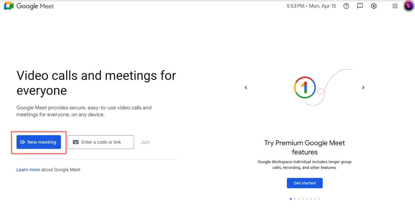 Google Meet home screen with the New meeting button highlighted